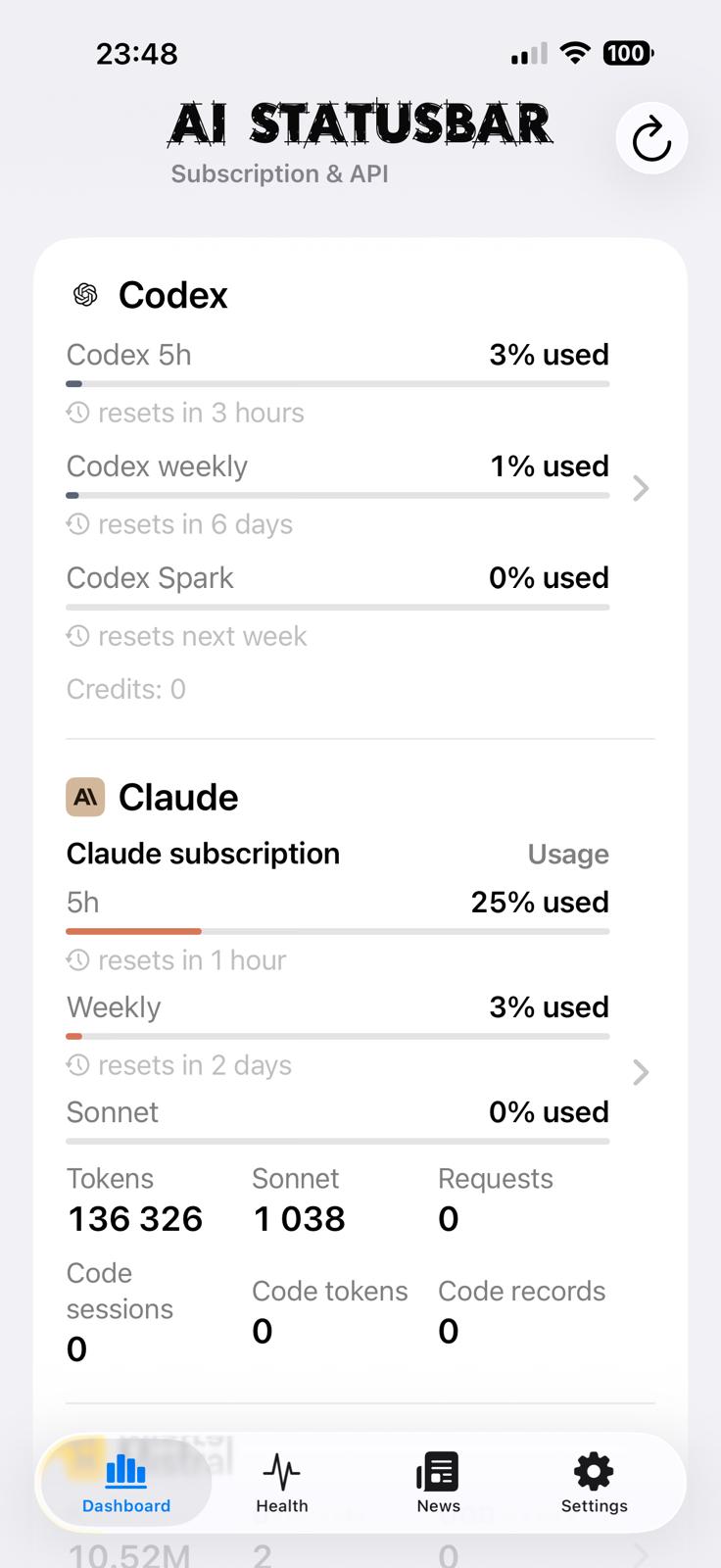 AI StatusBar main dashboard showing Codex and Claude usage