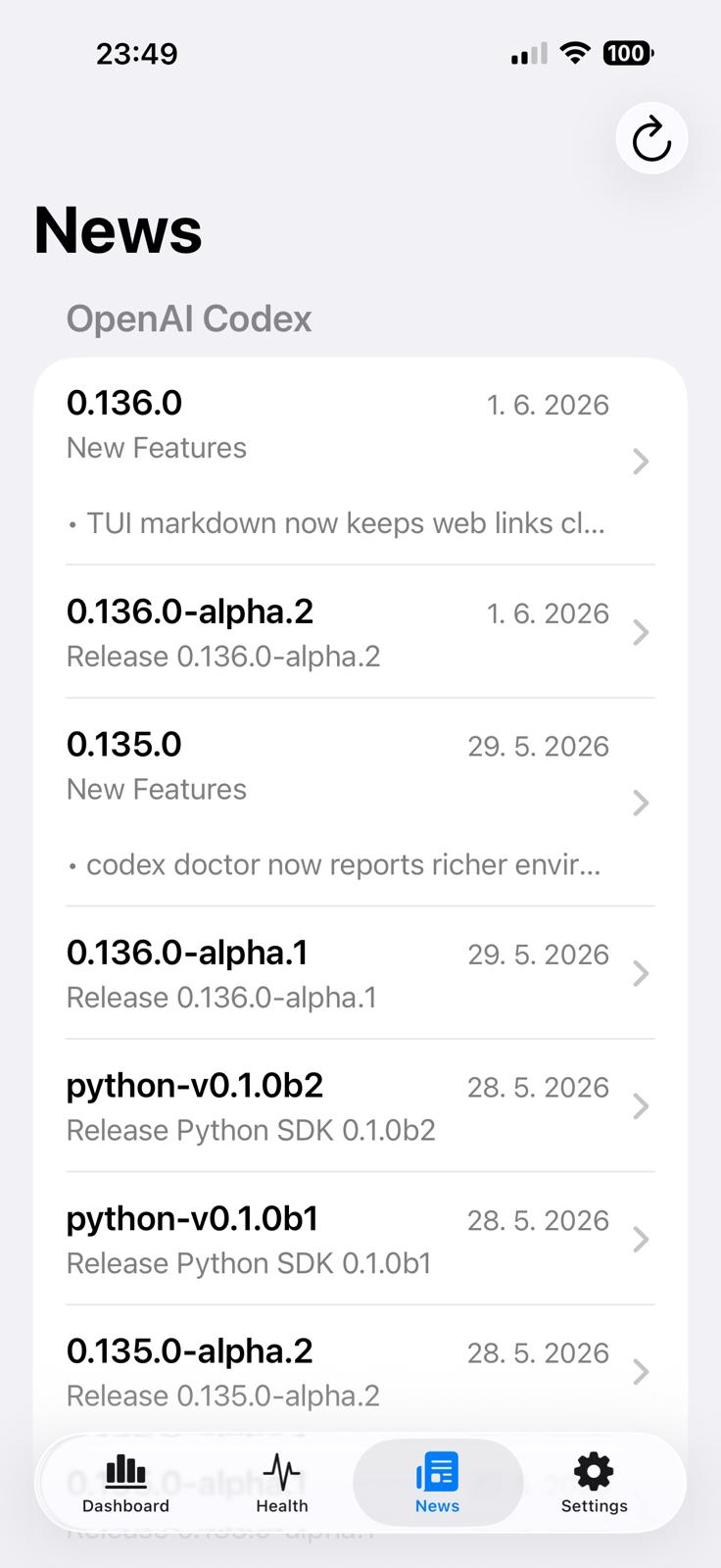 AI StatusBar News tab with OpenAI Codex changelogs
