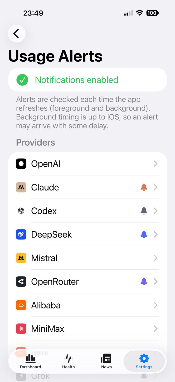 AI StatusBar Usage Alerts settings screen